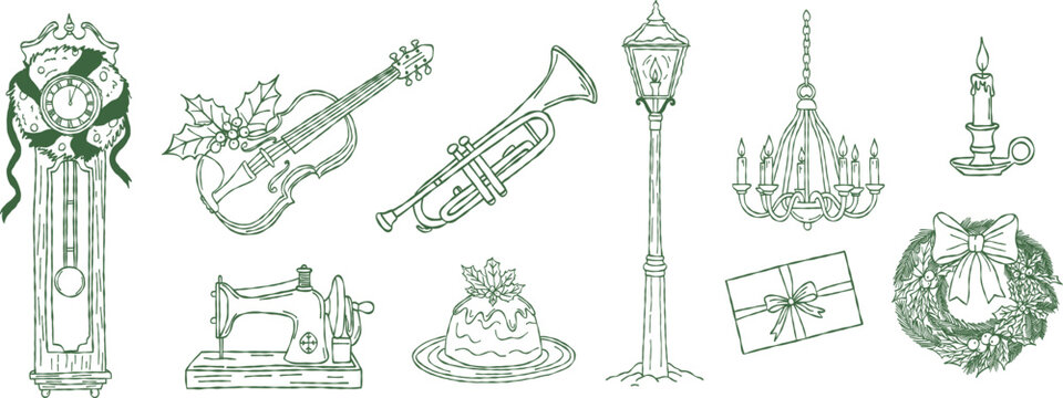 Whimsical christmas holiday winter line hand drawing, Minimal sketch doodle decoration set, vintage musical instrument, violin, trumpet, grandfather clock and sewing machine vector illustration