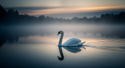 Obraz premium Graceful swan gliding serenely on misty lake at dawn, creating a tranquil and ethereal scene, perfect for nature lovers and peaceful moments