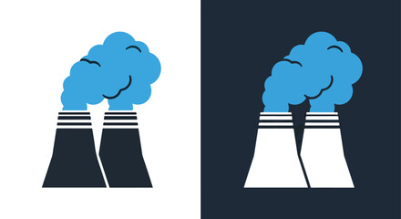 Two cooling towers emitting blue smoke - Vector icon symbol for website - Icon vector - Blue icon vector - Line and glyph solid icon and logo template