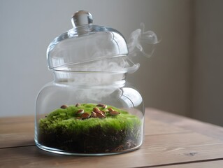 Miniature terrarium ecosystem in a glass jar on a wooden table