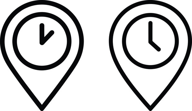 Two stylized map pins with clocks inside representing time and location concepts