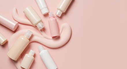 Soft Pink Skincare Bottles with Cream Swatch on Light Pink Background