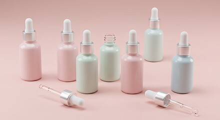Collection of Pastel Colored Cosmetic Bottles with Droppers on Soft Pink Background