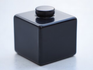 Minimalist dark cube with silver cap on white background