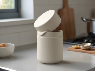 Modern beige kitchen container with lid on countertop