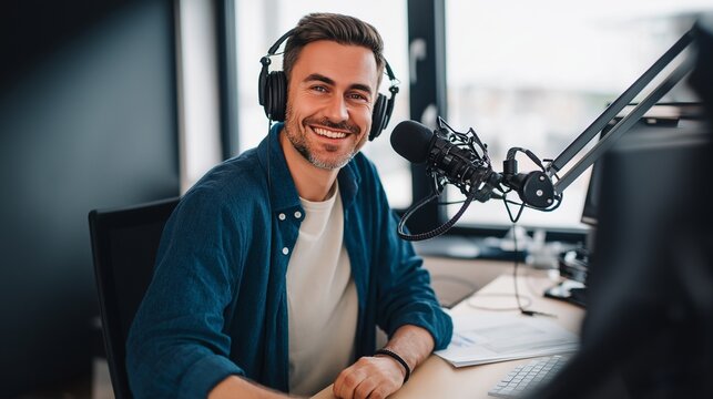 Male broadcaster smiling while recording live show in minimalist studio