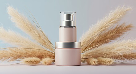 Minimalist Skincare Bottle with Natural Dried Pampas Grass for Beauty and Wellness Marketing