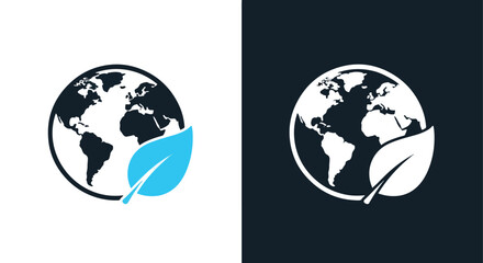 Earth with leaf icon on dark background - Vector icon symbol for website - Icon vector - Blue icon vector - Line and glyph solid icon and logo template