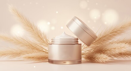 Elegant Gold Cosmetic Jar with Open Lid Displaying Cream Beautiful Natural Setting for Skincare Product Advertising