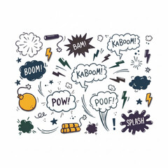 Comic Book Sound Effect Elements, Hand-Drawn Action Words & Explosions for Graphic Design, Games, and Kids&rsquo; Content
