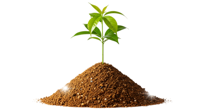Green plant growing from soil, symbolizing new life, nature, and environmental growth, isolated on transparent background