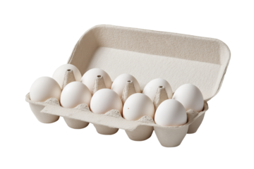 Carton of eggs with the top open showcasing ten white eggs isolated on transparent background PNG