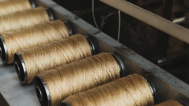 Spools of Golden Thread on Industrial Sewing Machine: Textile Manufacturing and Craftsmanship in Close-up Detail