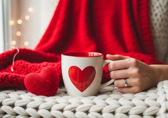 Cozy valentines day scene with heart mug, red blanket, and hand holding it