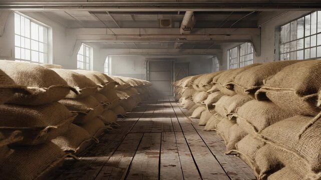Warehouse Interior with Rows of Burlap Sacks on Wooden Floor, Industrial Storage, Agriculture Products, Grain, Coffee, or Cocoa Beans, Natural Light