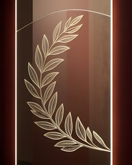Decorative illuminated panel with engraved botanical branch glowing softly against luxurious deep red velvet backdrop