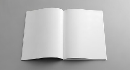 Open blank white magazine or brochure mockup on a simple gray background, perfect for showcasing editorial designs and content layouts