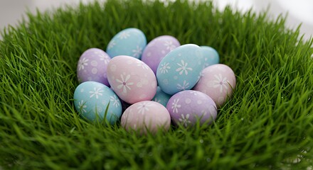 Colorful Easter Eggs with Floral Patterns in Green Grass on White Background