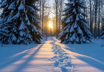 Winter forest path with sunlight shining through the trees and snow cover