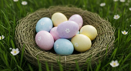 Colorful Easter Eggs in Nest on Green Grass with Small White Flowers