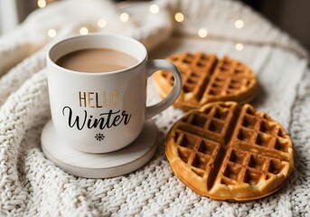 Hello winter mug with coffee and waffles on a cozy blanket indoors