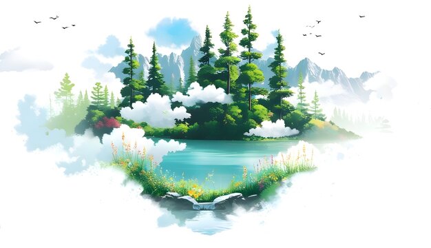a serene and vibrant natural landscape with lush green trees, a calm turquoise lake, and a majestic mountain range in the background, underneath a bright blue sky with puffy white clouds, with a few b - Powered by Adobe