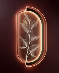Neon-lit floral glass plaque featuring delicate etched leaves within warm illuminated curved rectangular frame