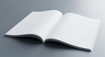 Open blank book or magazine with empty pages on a grey surface, ideal for text, image, or design mockups and presentations