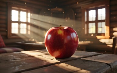 Closeup of a shiny red apple illuminated by sunbeams inside a log cabin