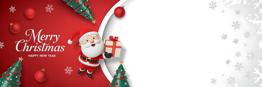 Merry christmas and happy new year banner with santa claus and christmas tree - Powered by Adobe