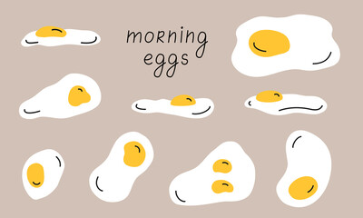 Fried eggs sunny side up. Classic breakfast food from egg. Morning meal, tasty protein nutrition for family. Different fry eggs shapes, vector clipart