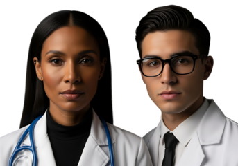 a striking portrait showcasing a diverse pair of medical professionals a woman and a man with serious expressions on transparent background high quality
