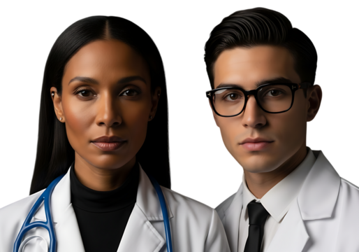 a striking portrait showcasing a diverse pair of medical professionals a woman and a man with serious expressions on transparent background high quality