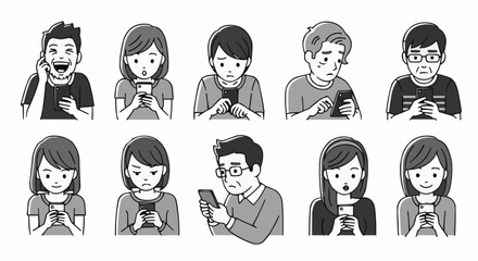Diverse group of people engrossed in their smartphones showing various emotions and reactions.