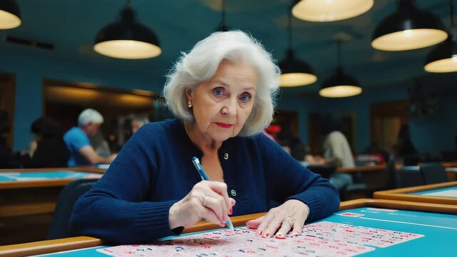Focused Senior Woman Playing Bingo, Dabbing Numbers on Card in a Community Center, Leisure Activity, Social Engagement, and Cognitive Stimulation