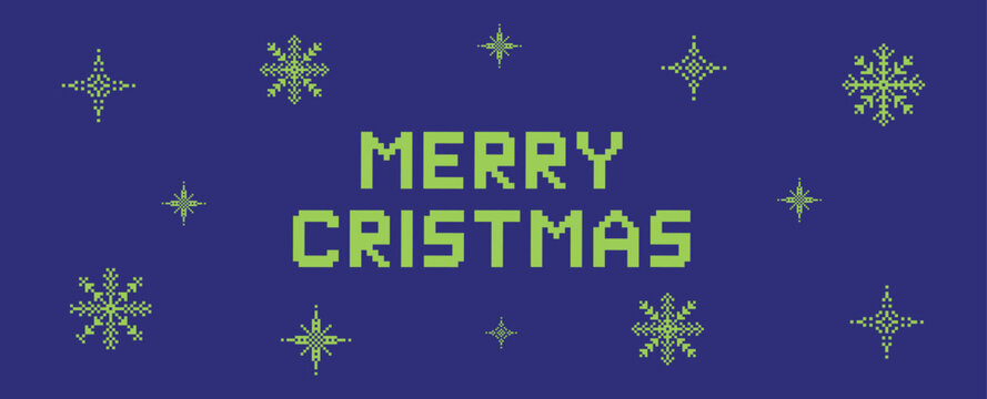 Pixelated New Year's web banner - Merry Christmas. Vector illustration in 8-bit game style. New Year's illustration with the text "Merry Christmas," snowflakes, and stars in pixel art style on a blue 