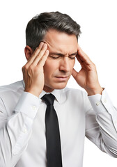 a stressed businessman with graying hair is holding his temples in frustration displaying a clear expression of discomfort and worry on transparent background