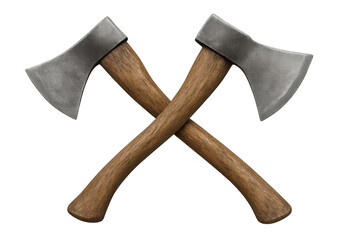 Two wood chopping axes with wooden handles and metal blades, crossing each other, isolated for concept of labor