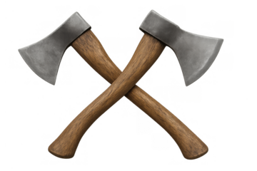 Two wood chopping axes with wooden handles and metal blades, crossing each other, isolated for concept of labor