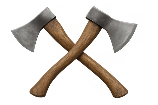 Two wood chopping axes with wooden handles and metal blades, crossing each other, isolated for concept of labor
