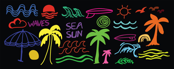 Neon Tropical Doodles, Glowing Beach Line Art, Luminous Summer Sketch