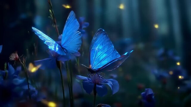 Vibrant blue butterflies in a magical forest scene with glowing lights