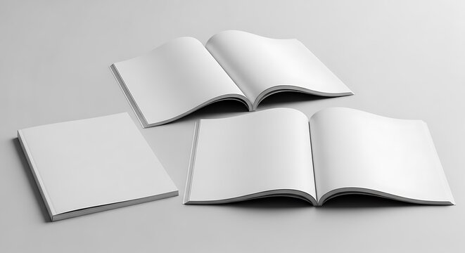 Multiple blank open and closed magazines or brochures on a light grey background, ideal for design mockups