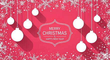 Festive merry christmas greeting with hanging ornaments and snowflakes on a pink background