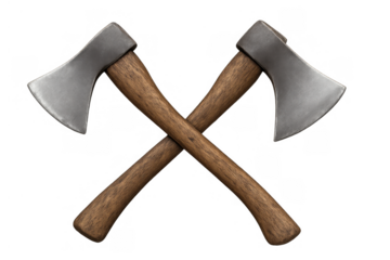 Crossed axes symbol representing strength, work, and tradition, with wooden handles and steel blades on transparent background