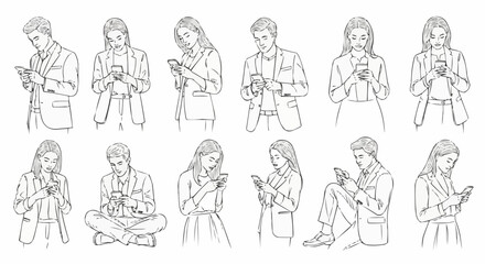 Collection of people engrossed in their smartphones in a sketch art style.