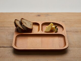 Wooden divided plate with bread and apple slices