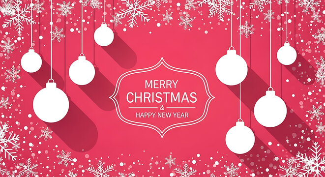 Festive merry christmas greeting with hanging ornaments and snowflakes on a pink background - Powered by Adobe