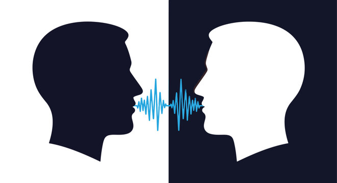 Two people communicating with sound waves - Vector icon symbol for website - Icon vector - Blue icon vector - Line and glyph solid icon and logo template