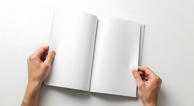 Hands holding an open blank book or magazine with empty pages, turning a page, isolated on white background